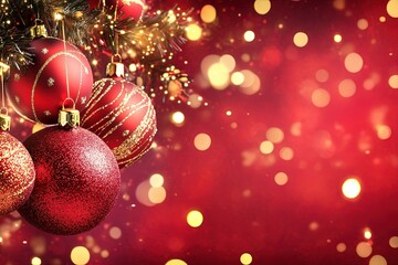 A vibrant red holiday background featuring sparklin