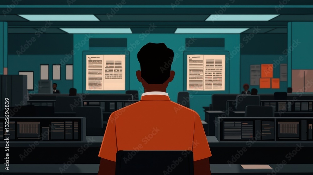 Aufkleber a person in an orange shirt faces a computer-filled workspace, surrounded by monitors displaying dat