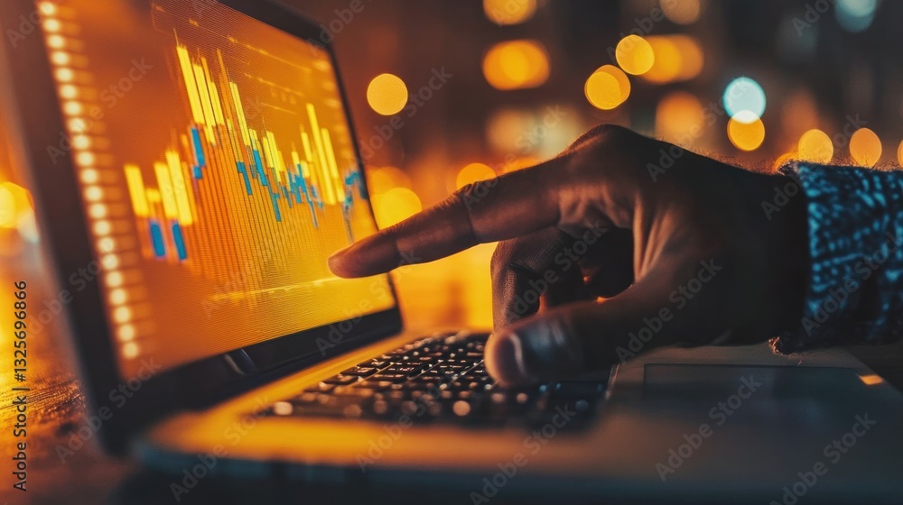 Poster a hand points to a graph displayed on a laptop screen at night