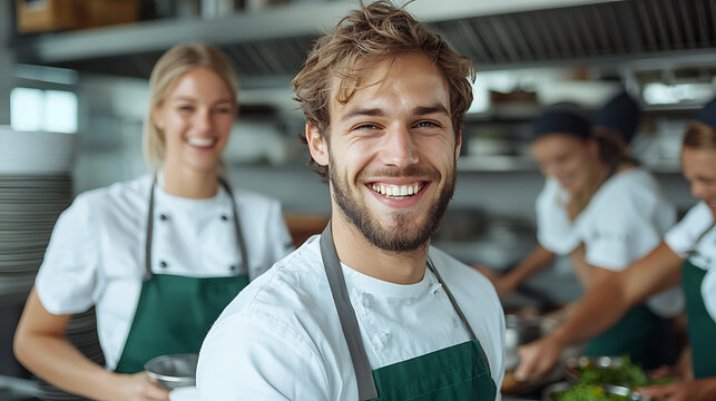 Friends cooking together in a modern kitchen collaborative cooking event contemporary culinary space vibrant environment joyful atmosphere