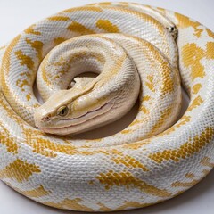 Obraz premium A majestic albino Burmese python resting in a loose coil, its yellow and white scales glistening softly under bright lighting, isolated on white.