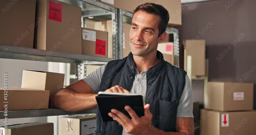 Poster man, boxes and checklist with tablet for distribution, order inspection or quality control for inven