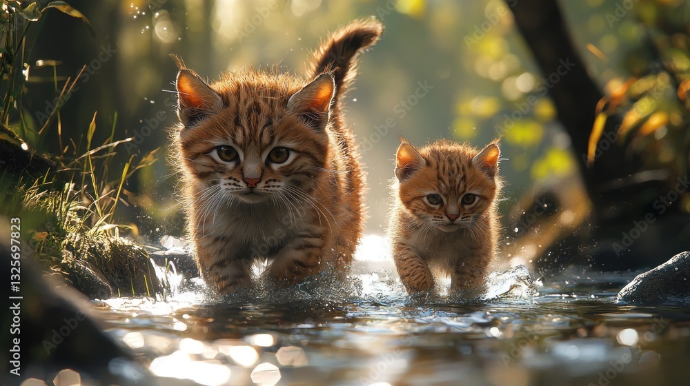Poster two adorable bobcat kittens playfully walking through a shallow stream in a sun-dappled forest.