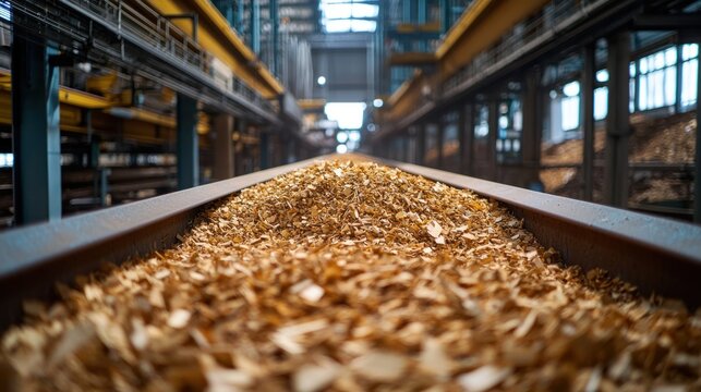 Industrial conveyor belt transporting wood chips through a building