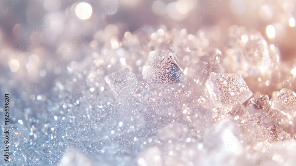 Poster sparkling ice crystals reflecting light in a soft frosty background with beautiful bokeh effects