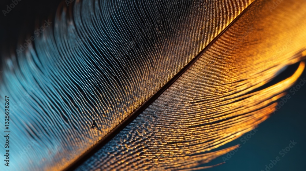Poster close-up of a colorful feather with intricate patterns reflecting light in shades of blue and orange