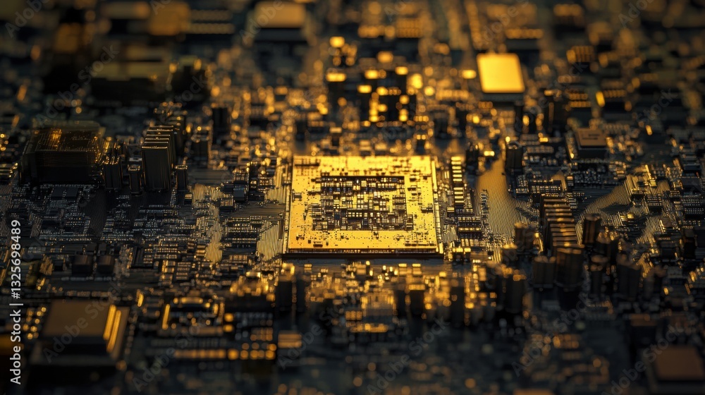 Poster golden microchip and circuit board representation showcasing technological advancement in modern ele