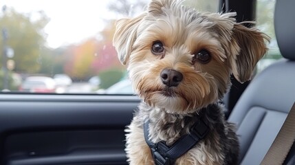 A small dog is looking at the camera inside a car