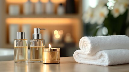 A serene spa setting featuring essential oil bottles, a lit candle, and soft towels, creating a relaxing atmosphere.