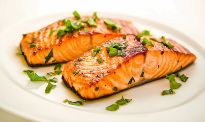 two perfectly prepared filets of salmon served on a white plate with garnish