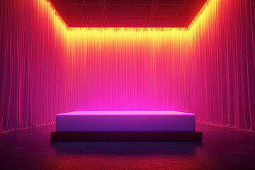 A vibrant podium space with glowing pink and purple lights, featuring a white platform beneath cascading neon streams, creating an immersive ambiance.