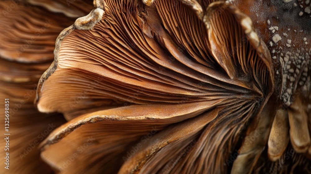 Poster close-up view of delicate and intricate features of a brown mushroom cap displaying nature's beautif