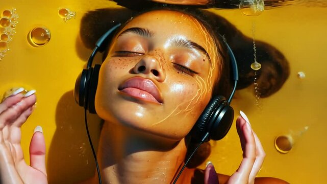Girl with headphones submerged in water: A serene moment of musical immersion