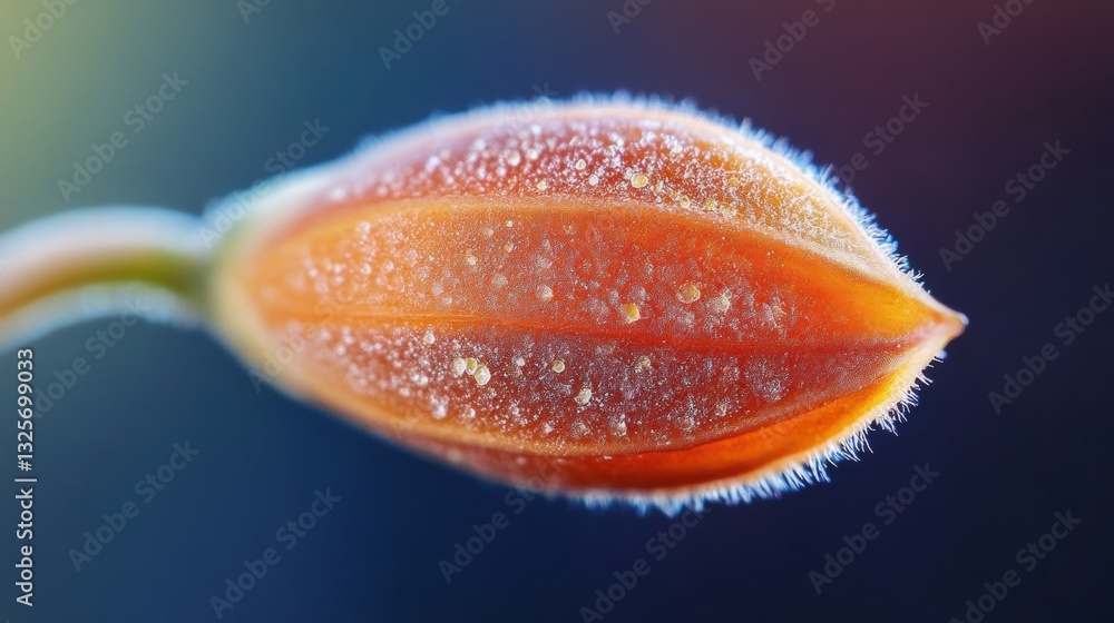 Poster close-up view of a vibrant bud with dew drops highlighting natural beauty and texture in soft focus 