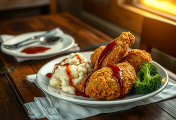 A plate of fried chicken with sides