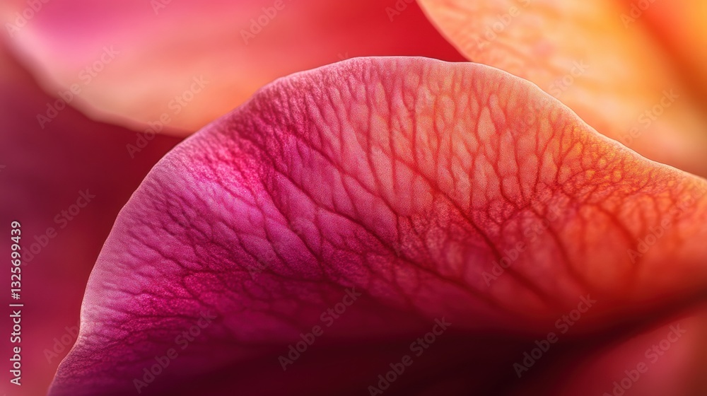 Poster close-up of a petal with intricate veins showing vibrant colors of pink and orange creating a soft a