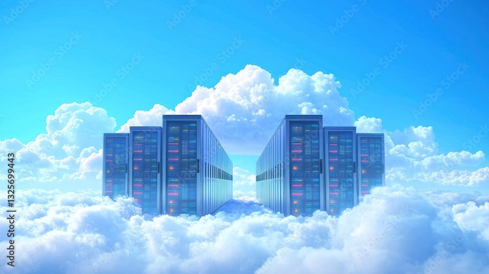 Aufkleber computer servers rendered floating above puffy white cumulus clouds