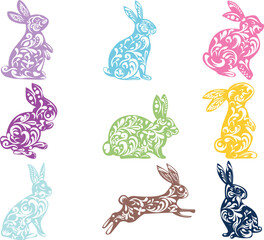 Openwork vector set of rabbits of different colors