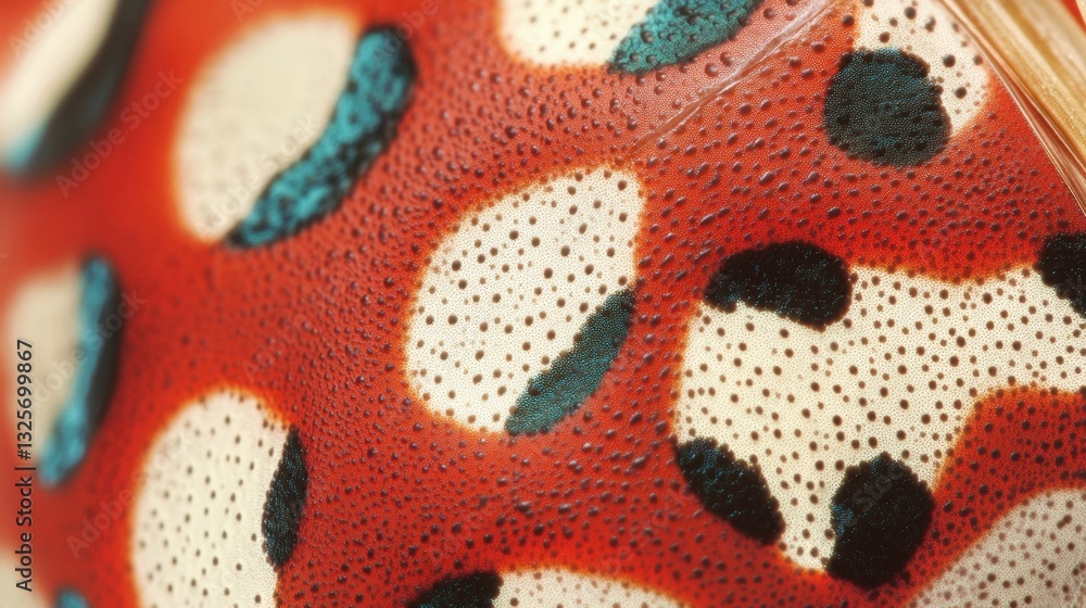 Poster close-up of colorful insect exoskeleton showcasing unique patterns and texture with vibrant red, whi