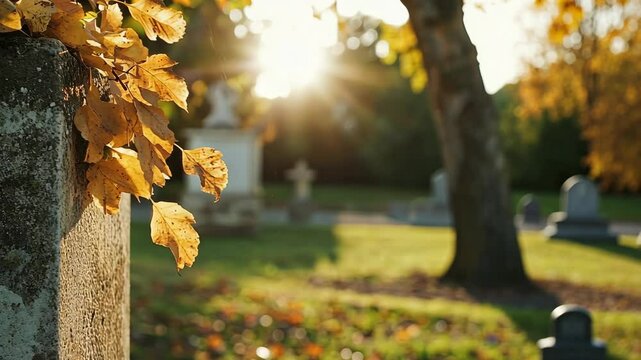 Sunlight filters through autumn leaves in a peaceful cemetery setting during late afternoon