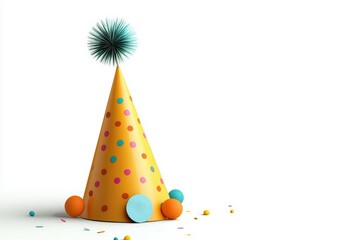 Obraz premium A vibrant yellow party hat with colorful dots and a fluffy top, perfect for celebrations and festive occasions.