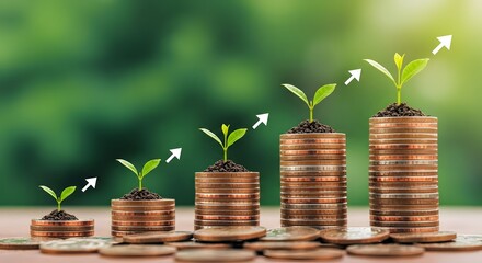plant and coinsFinancial development in business, , currency symbols, and corporate imagery. showcasing increasing profit growth with upward trending graphs