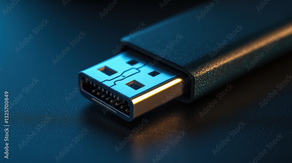 Poster close-up image of a usb connector with detailed texture and lighting on a dark surface for technolog