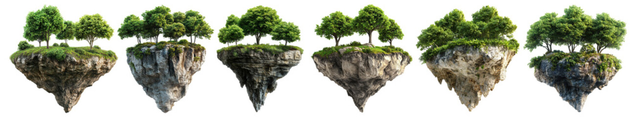 Set of floating islands with lush green trees and rocks, isolated on transparent cutout background
