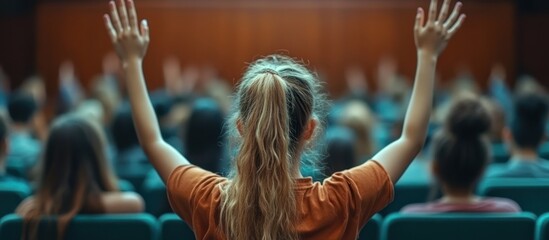 Girl raises hand in auditorium audience