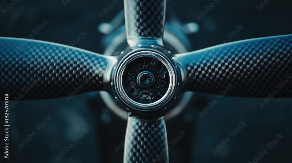 Poster close-up view of a carbon fiber aircraft propeller highlighting the central hub with intricate detai