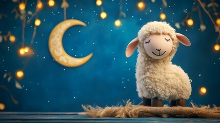 Fototapeta premium Peaceful Night, Adorable Lamb Under Crescent Moon