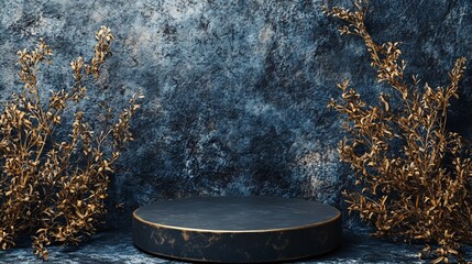 A decorative display with a dark podium and foliage