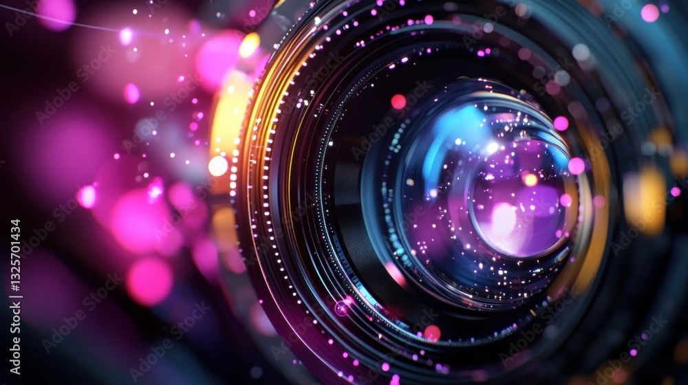 Aufkleber abstract close-up of a camera lens with colorful bokeh background and bright sparkles illustrating p