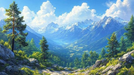 Obraz premium Mountain valley scenic view, summer, travel poster