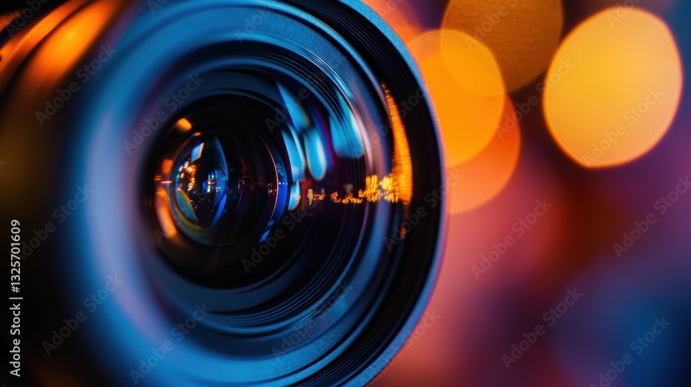Aufkleber close-up of a camera lens with bokeh background highlights displaying vibrant colors and reflections