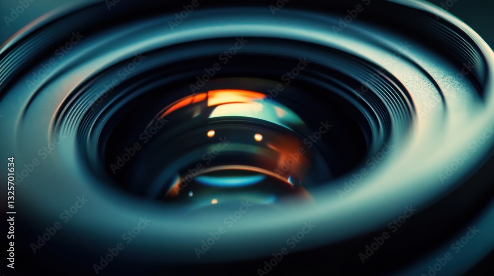 Aufkleber close-up view of a camera lens showing reflections and details of aperture mechanism and glass eleme