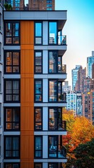 Obraz premium A modern apartment building featuring a striking facade adorned with numerous large windows, surrounded by lush green trees that provide a serene, natural atmosphere.