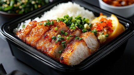 Delicious meal of crispy chicken with rice and garnishes.