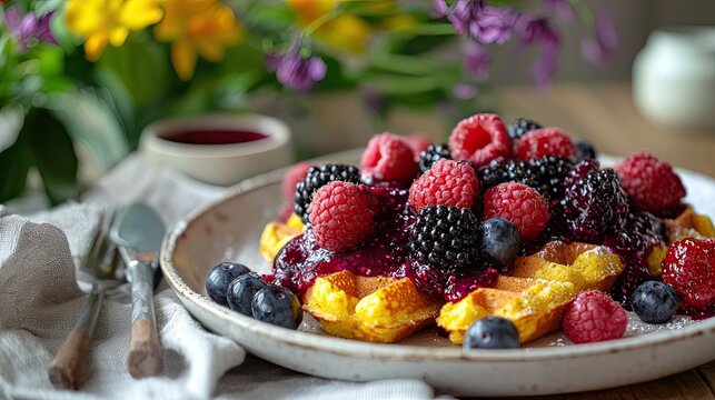 A delicious plate of waffles topped with mixed berries and a drizzle of syrup, surrounded by vibrant flowers, showcasing a delightful breakfast scene.