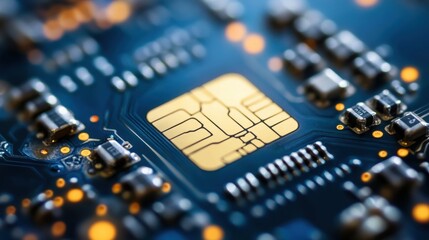 Close-up View of Gold Chip on a Circuit Board Surrounded by Electronic Components and Circuit Patterns
