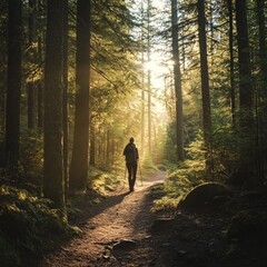 Tranquil Forest Scene with Hiker Walking Through Sunlit Pathway