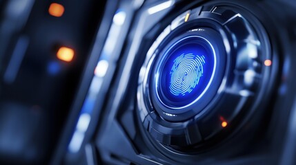 High-Resolution Close-Up of Digital Fingerprint Scanner with Futuristic Design and Blue Illuminated Elements in a Cyber Environment