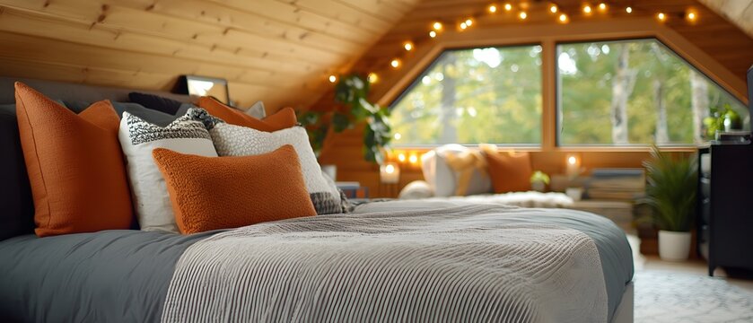 Cozy bedroom retreat with string lights forest view interior design inviting atmosphere eye-level perspective comfort concept