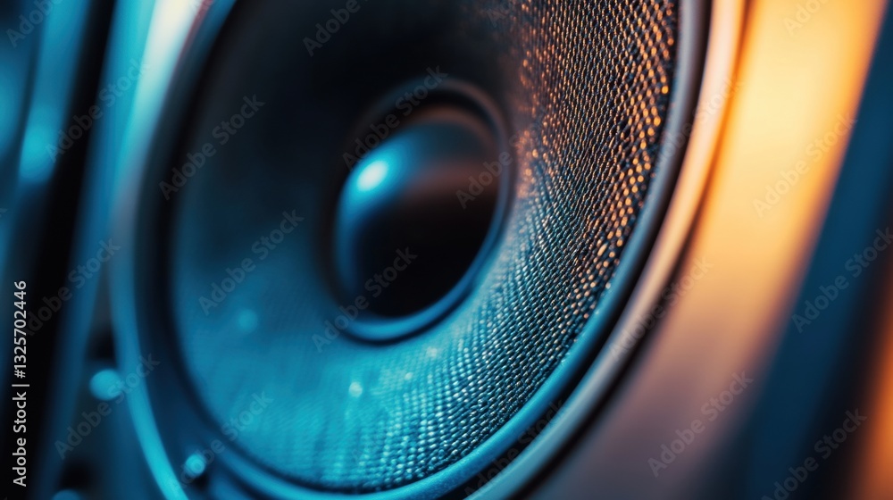 Poster close-up of speaker cone with textured surface and vibrant lighting capturing dynamic audio experien