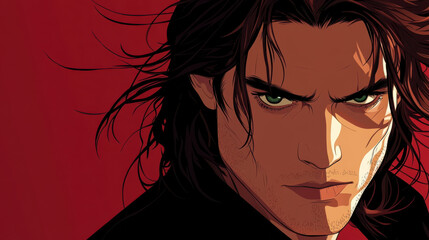 a digital illustration of a striking man with shoulder-length dark auburn hair and piercing emerald eyes, his face partially in shadow, adding an air of mystery