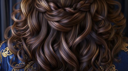 Glossy brunette curls styled in a royal sapphire and gold theme