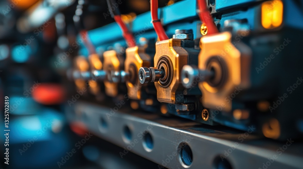 Poster close-up view of mechanical components with metal connectors and wiring in a high-tech industrial se