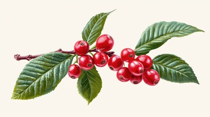 A botanical illustration of a stem with red berries and leaves