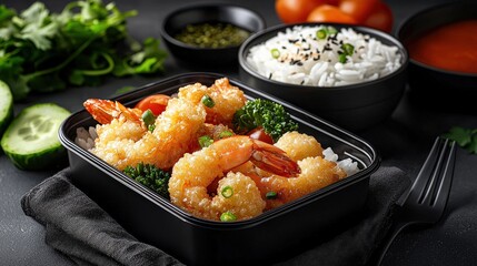 Delicious shrimp dish served with rice and fresh vegetables.