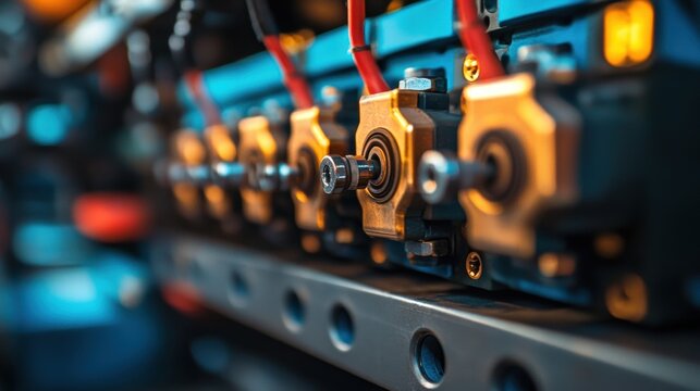 Close-up View of Mechanical Components with Metal Connectors and Wiring in a High-Tech Industrial Setting
